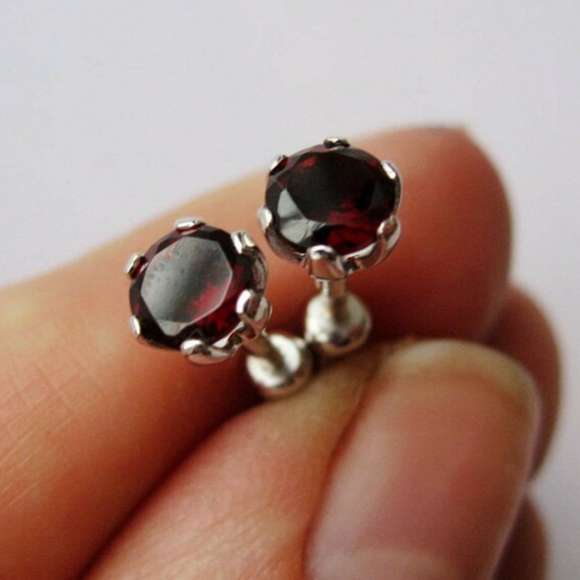 Natural Red Garnet In Sterling Silver Stud Earrings Screw Back - Picture 3 of 10